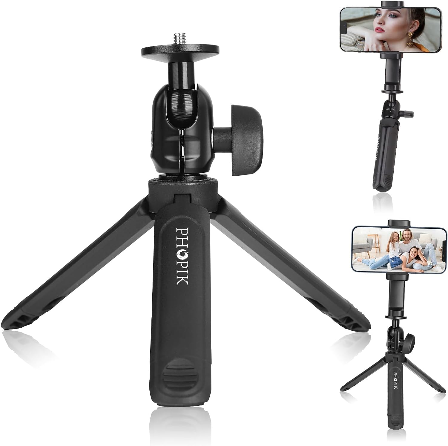 Phone Tripod-PHOPIK Video Tripod with 360°Ball Head and Cold Shoe for Gopro/Camera-Selfie Stick Tripod for iPhone/Android/Samsung Google Smartphone