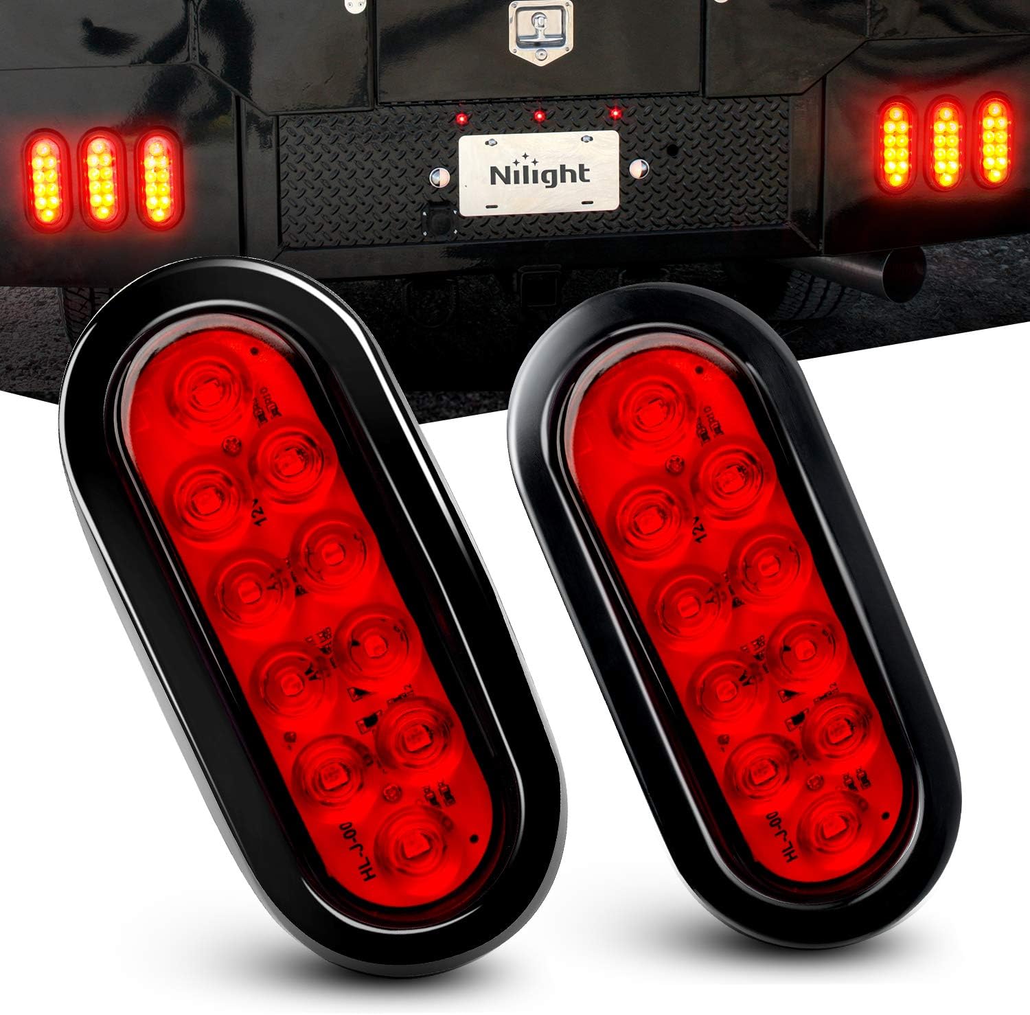 Nilight - TL-01 6 Oval Red LED Tail 2PCS w/Surface Mount Grommets Plugs IP65 Waterproof Stop Brake Turn Trailer Lights for RV Truck Jeep, 2 Years Warranty