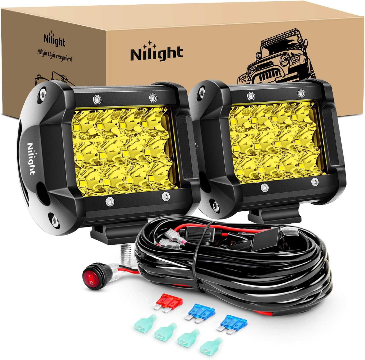 Nilight Led Light Bar 2PCS 4 Inch 36W Amber Triple Row Spot LED Light Bar 3600LM Waterproof Led Off Road Lights with 16AWG Wiring Harness Kit-2 Lead, 2 Year Warranty