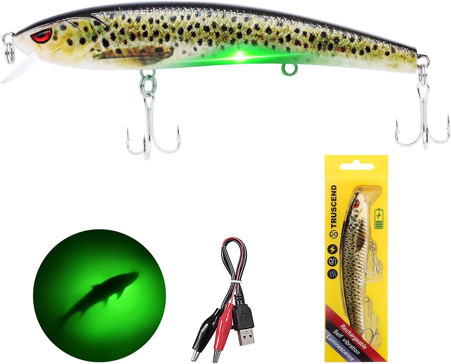 TRUSCEND Electric Twitching Jerkbait, USB Rechargeable LED Lighted Wobbler, Long Casting Slow Sinking Flashing Bass Lures for All-Purpose, Fishing Lures for Freshwater Saltwater, Night Fishing