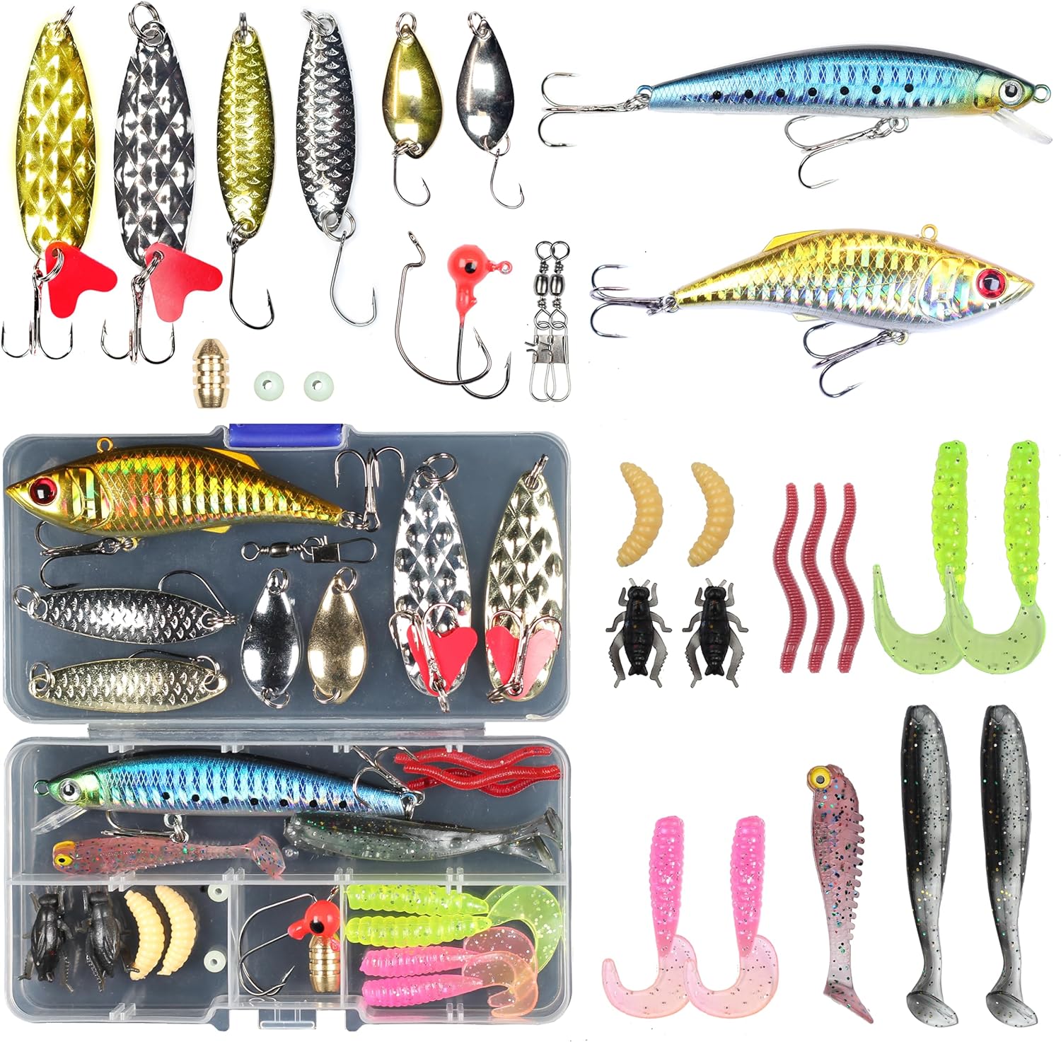 Fishing Lures Set Fish Lure kit for Bass Trout Salmon Freshwater Fish Tackle kit Including Plastic Shrimp Worm Bait Spoon Grasshopper Crankbait Jigs Hooks Fishing Gear and Equipment