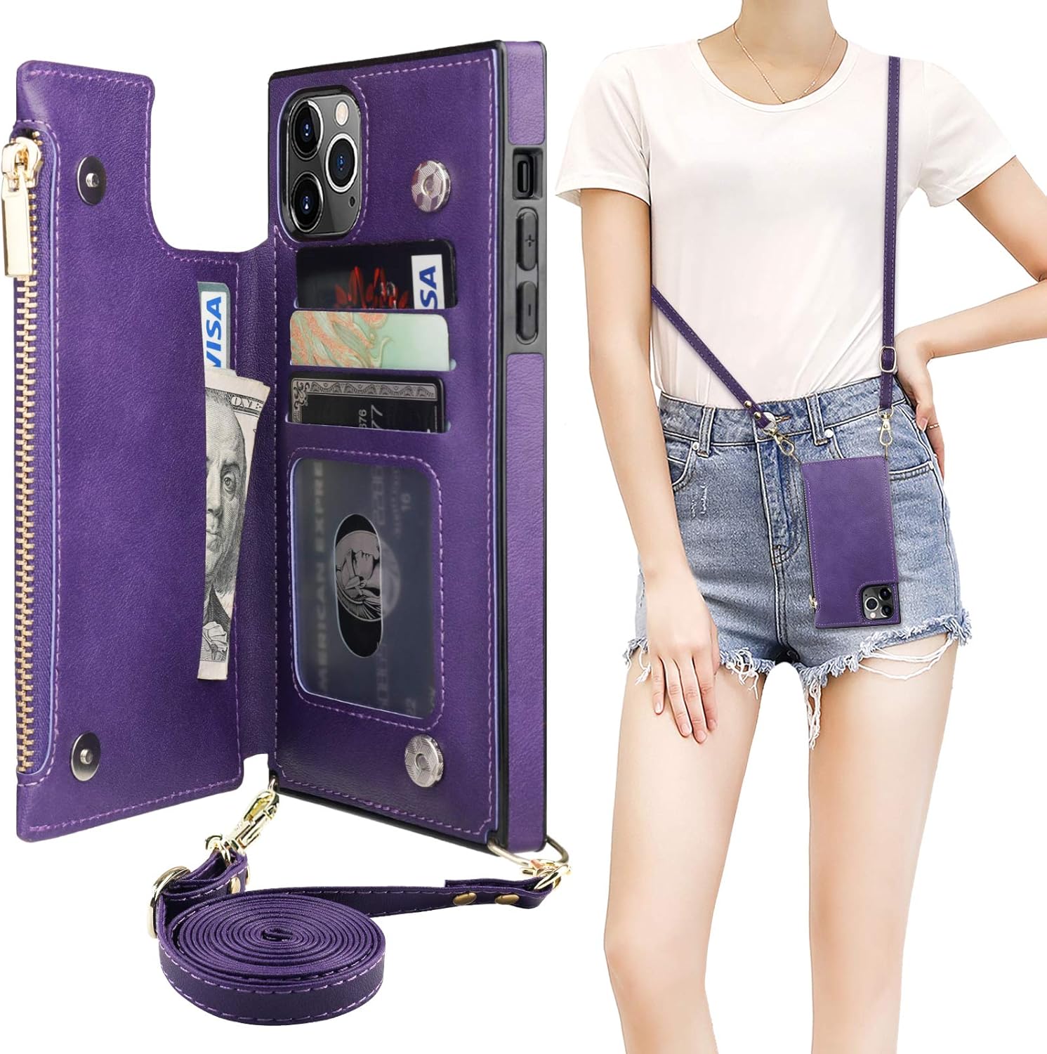 Bocasal Crossbody Wallet Case for iPhone 11 Pro Max with Card Holder,Zipper Card Slot Protector Shockproof Purse Cover with Removable Cross body Strap 6.5 Inch(Purple)