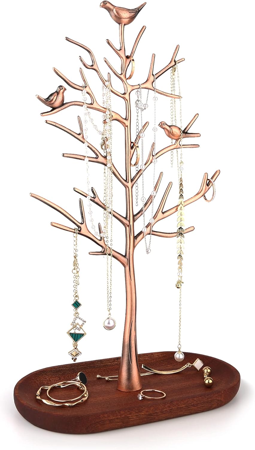 MORE&LESS Branch Jewelry Rack with wood tray,Retro color,Tree Tower Rack Hanging Organizer for Ring Earrings Necklace Bracelet,Suitable for living rooms, bathrooms,offices,etc.