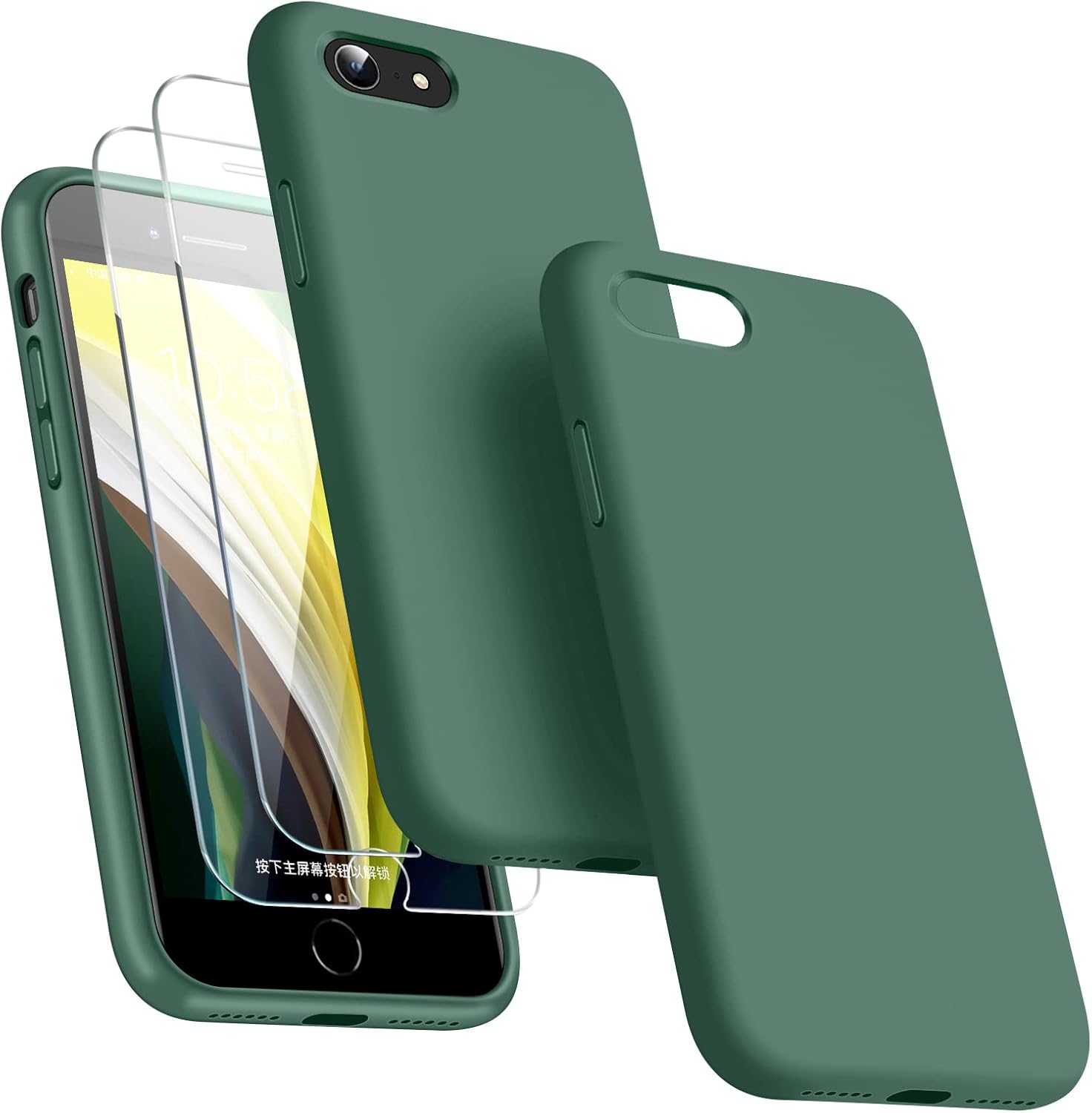 Dssairo [3 in 1 for iPhone SE case 2022/3rd/2020/2nd gen, iPhone 7/8with 2 Pack Screen Protector, Liquid Silicone Ultra Slim Shockproof Protective Phone Case [Microfiber Lining] (Alpine Green)