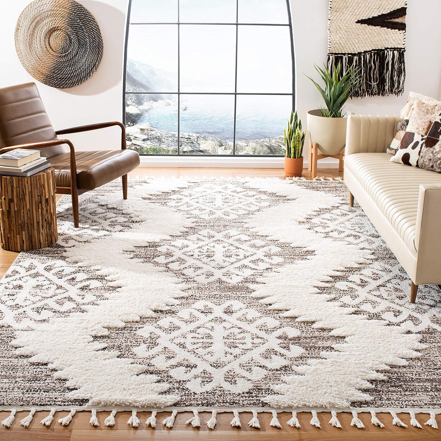 SAFAVIEH Moroccan Tassel Shag Collection Area Rug - 6'7 x 9'2, Ivory & Brown, Boho Design, Non-Shedding & Easy Care, 2-inch Thick Ideal for High Traffic Areas in Living Room, Bedroom (MTS652A)