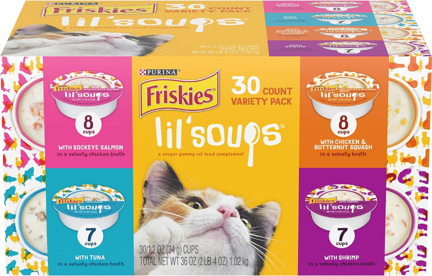 Purina Friskies Grain Free Wet Cat Food Complement Variety Pack, Lil' Soups Salmon, Tuna, Chicken & Shrimp - (30) 1.2 oz. Cups