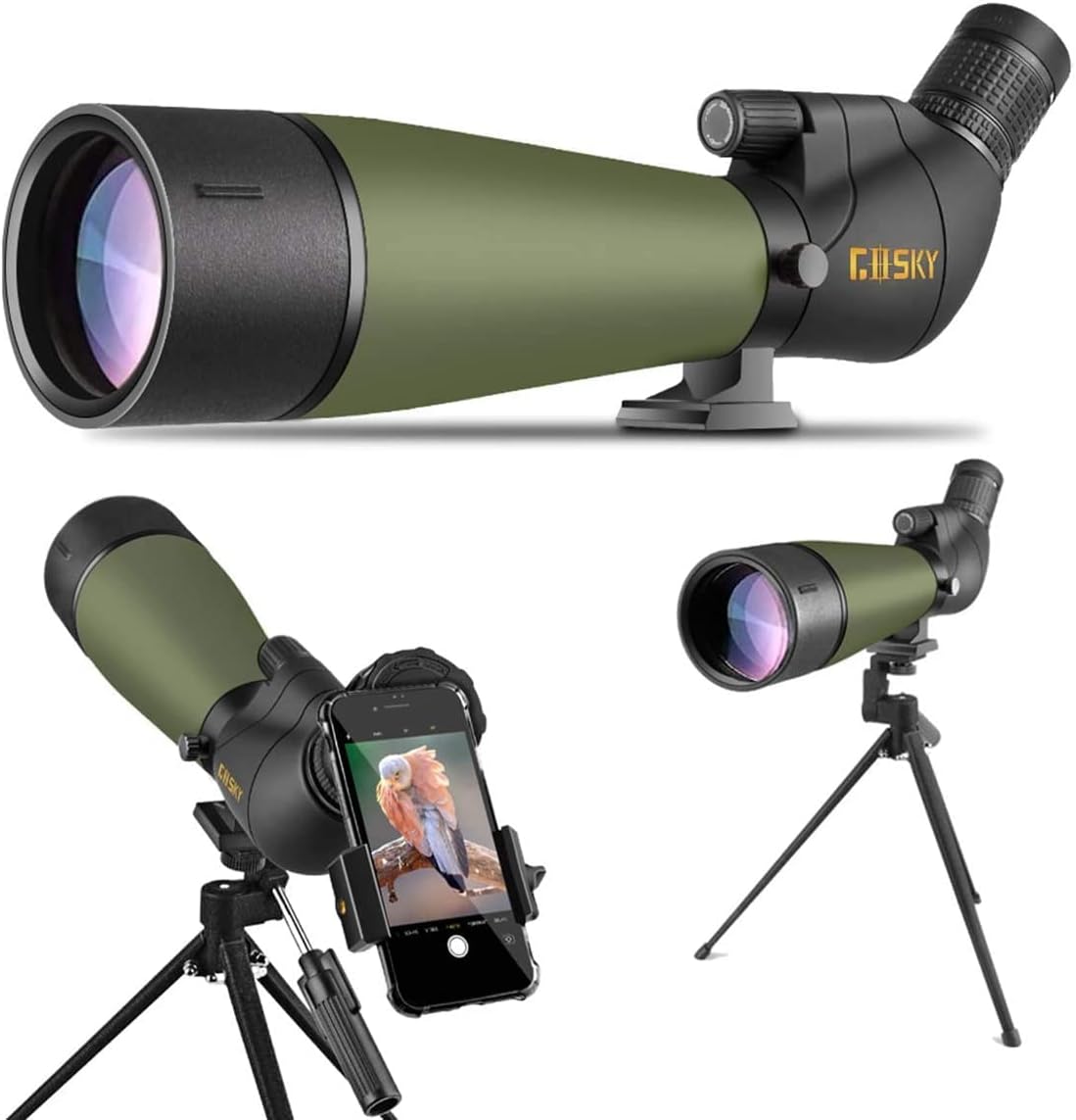 Gosky Updated 20-60x80 Spotting Scopes with Tripod, Carrying Bag and Quick Phone Holder - BAK4 High Definition Waterproof Spotter Scope for Bird Watching Wildlife Scenery1,Green