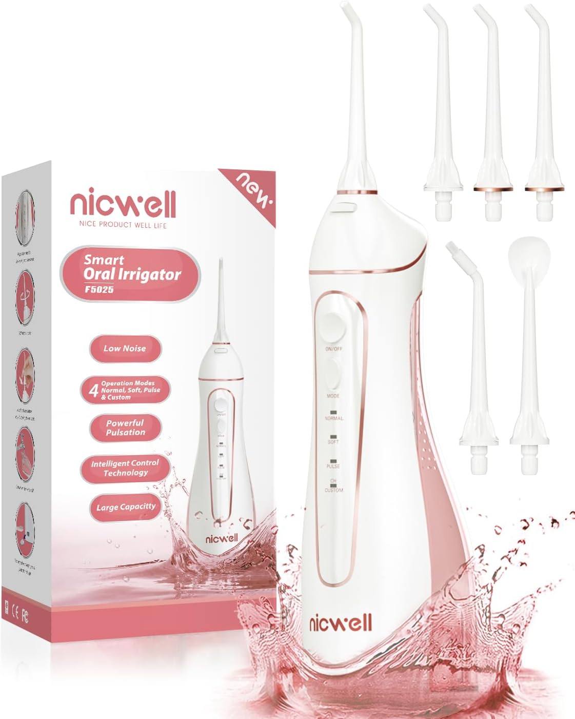 Water Dental Flosser Cordless for Teeth - Nicwell 4 Modes Dental Oral Irrigator, Portable and Rechargeable IPX7 Waterproof Powerful Battery Life Water Teeth Cleaner Picks for Home Travel