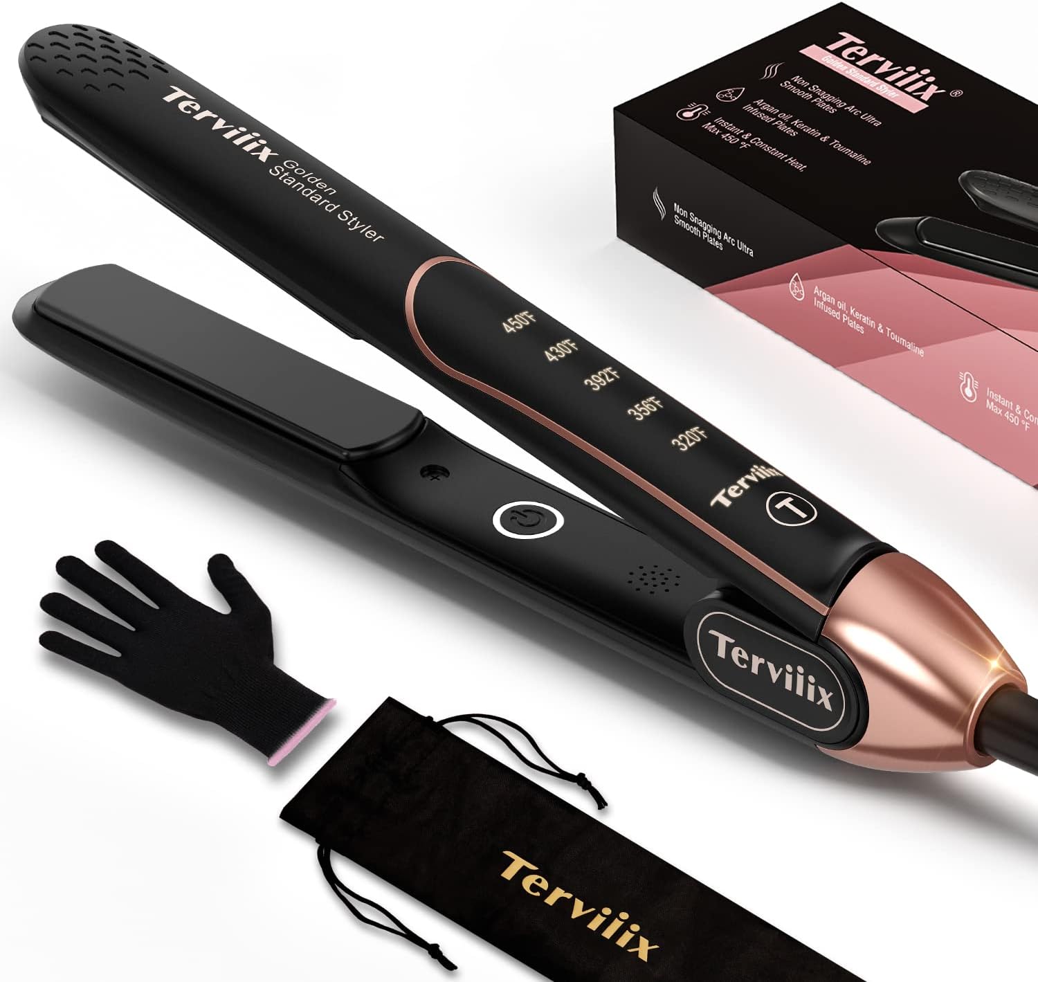 Terviiix Plancha De Cabello Professional 450F, Non-Snagging Ceramic Flat Iron Hair Straightener 1 inch, 3X Less Damage Hair Iron Straightener and Curler, 15s Fast Heating, 5 Adjustable Heats