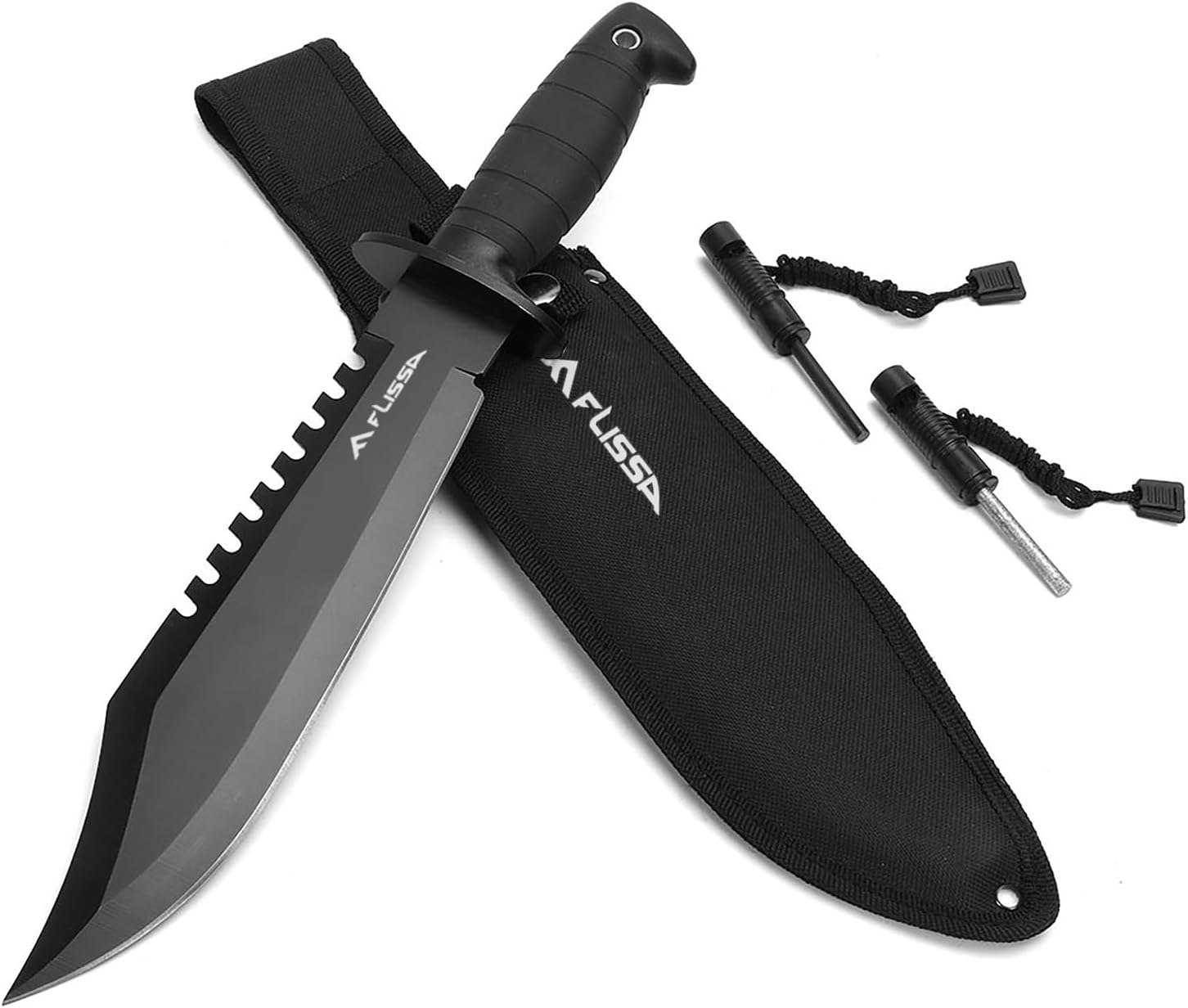 FLISSA Survival Hunting Knife with Sheath, 15-inch Fixed Blade Tactical Bowie Knife with Sharpener & Fire Starter for Camping, Outdoor, Bushcraft