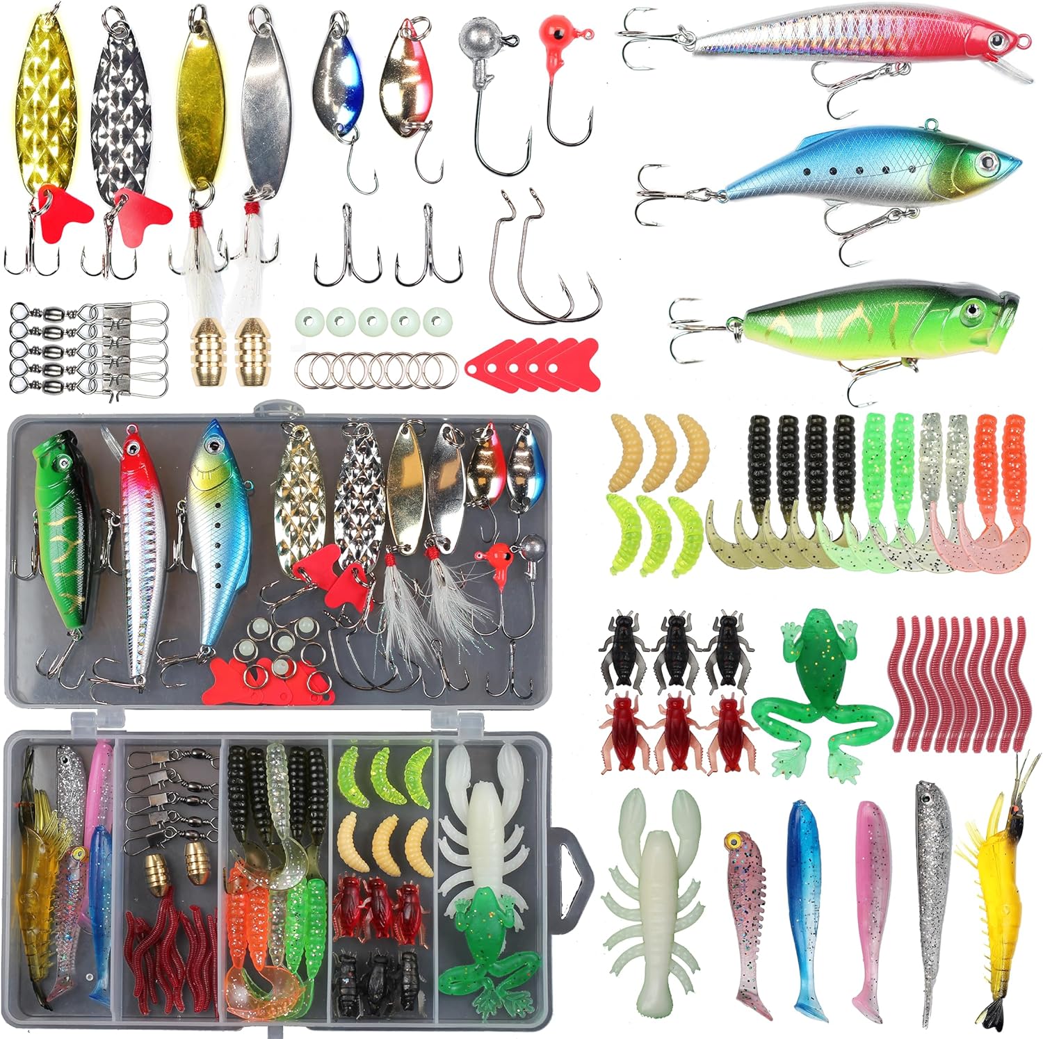 Fishing Lures Set Fish Lure kit for Bass Trout Salmon Freshwater Fish Tackle kit Including Plastic Shrimp Worm Bait Spoon Grasshopper Crankbait Jigs Hooks Fishing Gear and Equipment