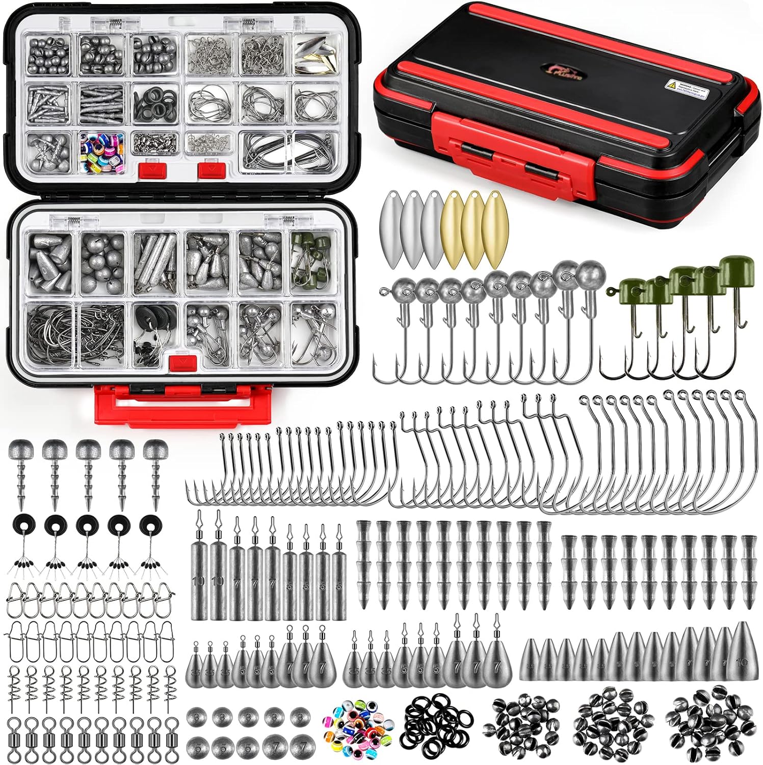 PLUSINNO 253/387pcs Fishing Accessories Kit, Fishing Tackle Box with Tackle Included, Fishing Hooks, Fishing Weights Sinkers, Spinner Blade, Fishing Gear for Bass, Bluegill, Crappie, Fishing