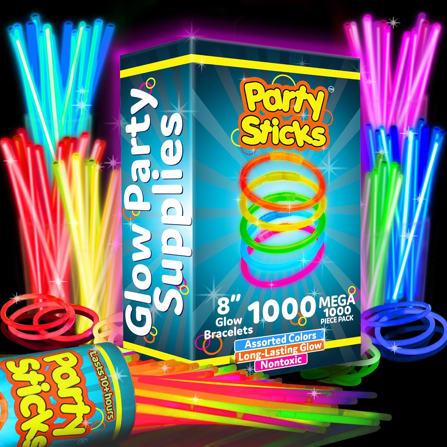 PartySticks Glow Sticks Party Supplies 1,000 pack - 8 Inch Glow in The Dark Light Up Sticks Party Favors, Glow Party Decorations, Neon Party Glow Necklaces and Glow Bracelets with Connectors