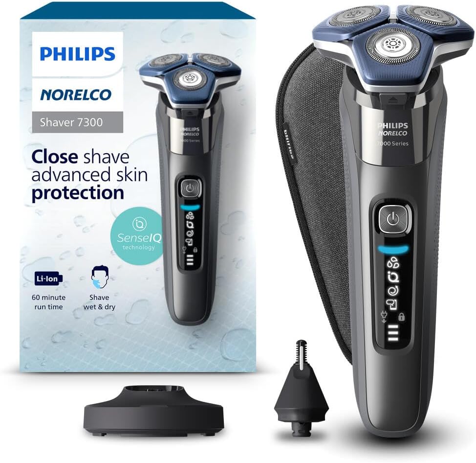 Philips Norelco Shaver 7300, Rechargeable Wet & Dry Electric Shaver with SenseIQ Technology and Pop-up Trimmer, Includes Charging Stand, Click-on Nose Trimmer Accessory and Travel Case