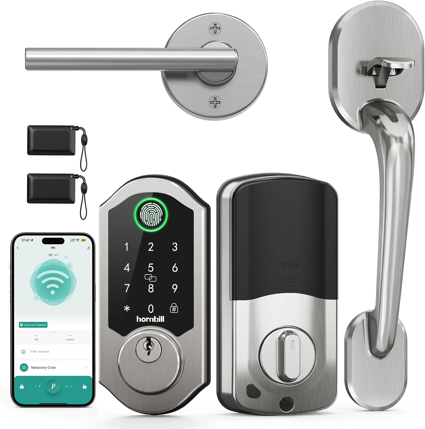 Hornbill Smart Door Lock Set: WiFi Deadbolt with Handles, Keypad, Fingerprint, Alexa, Heavy Duty Satin Nickel