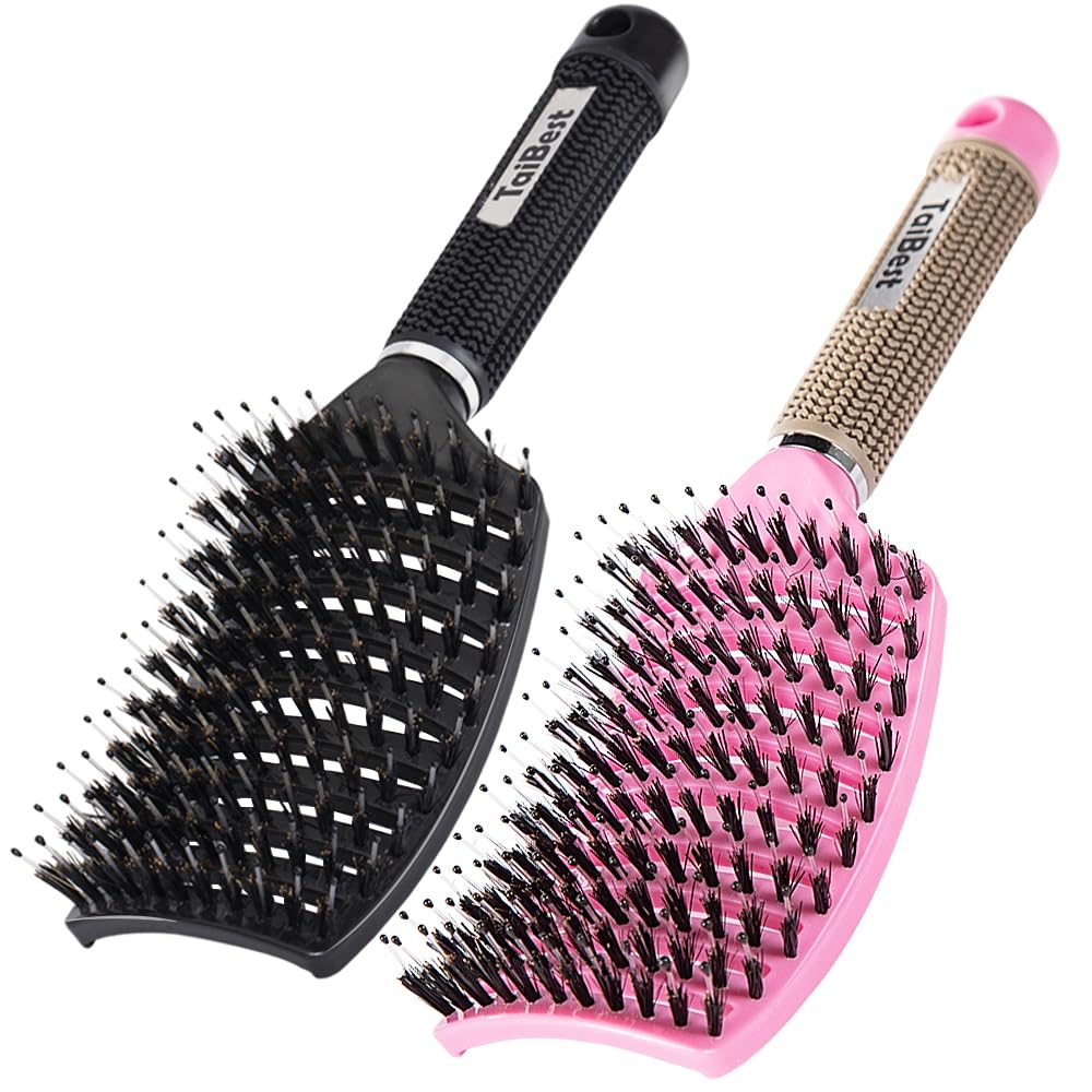 Boar Bristle Hair Brush Set - Dry/Wet Hair Brush Detangler for Fine, Thick, Curly Hair - Curved and Vented Hair Brush for Women, Men or Kids