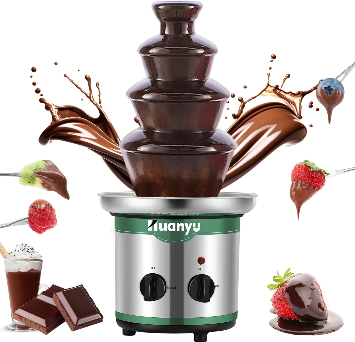 Huanyu Chocolate Fountain 4 Tier Hot Chocolate Fondue Fountain Machine Stainless Steel 18inch 3lbs Capacity for Chocolate Candy, Ranch, Nacho Cheese, Baby Shower, Birthday Celebration(110V)