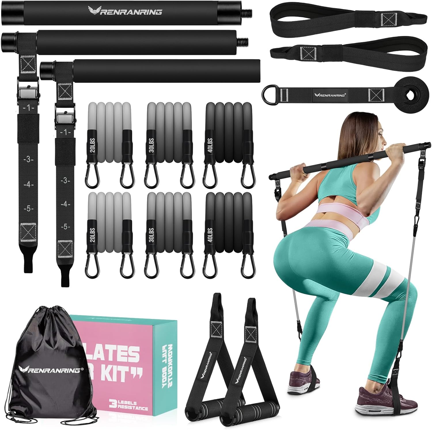 Pilates Bar Kit with Resistance Bands, Multifunctional Pilates Bar for Women & Men with Heavy-Duty Metal Adjustment Buckle, Pilates Home Equipment for Full BodyWorkouts