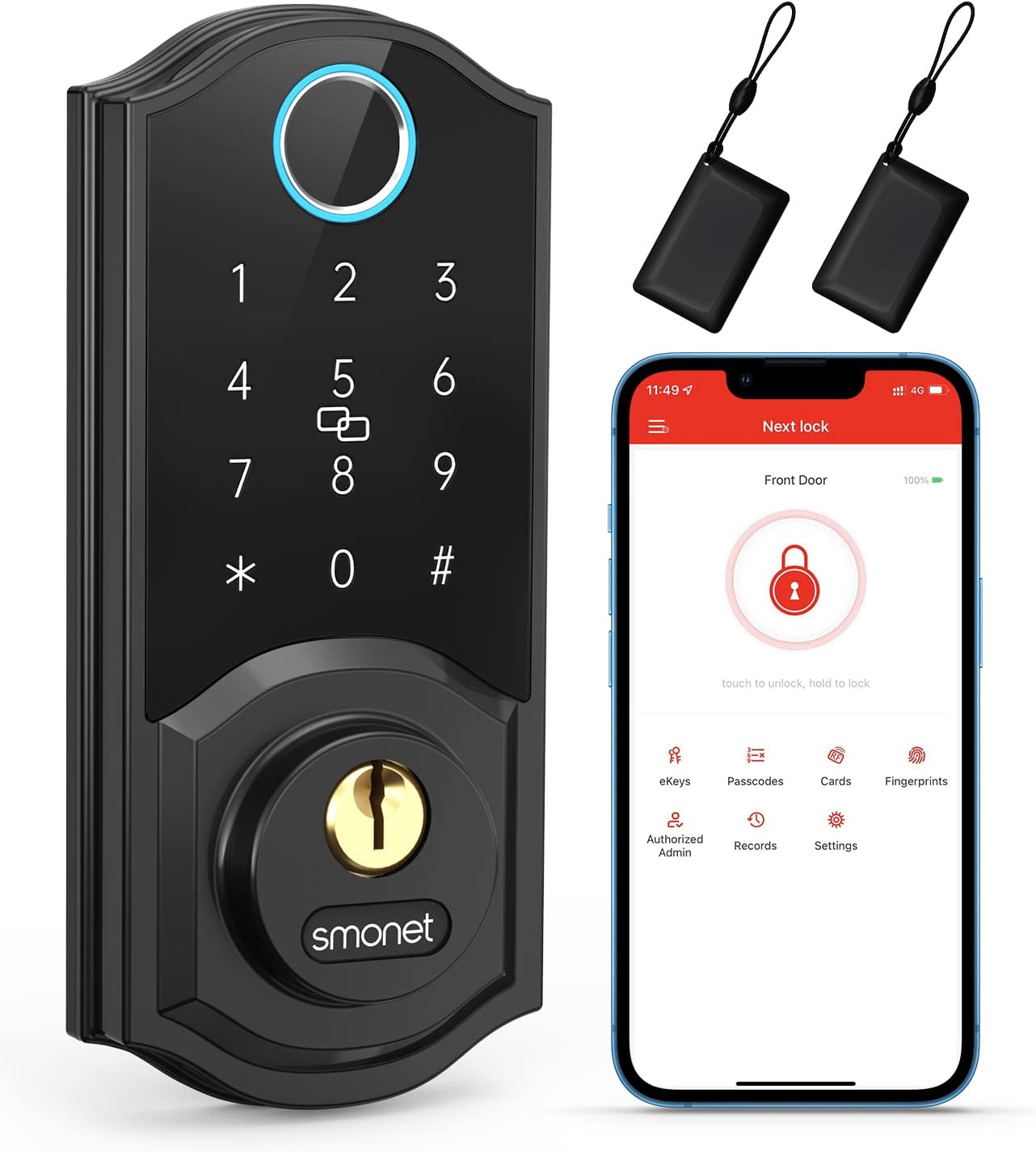 Smart Lock, SMONET Smart Locks for Front Door, Fingerprint Smart Deadbolt, 8-in-1 Smart Keyless Entry Door Lock, Digital Passcode Key Fob Door Lock, Bluetooth Electronic Keypad Door Lock