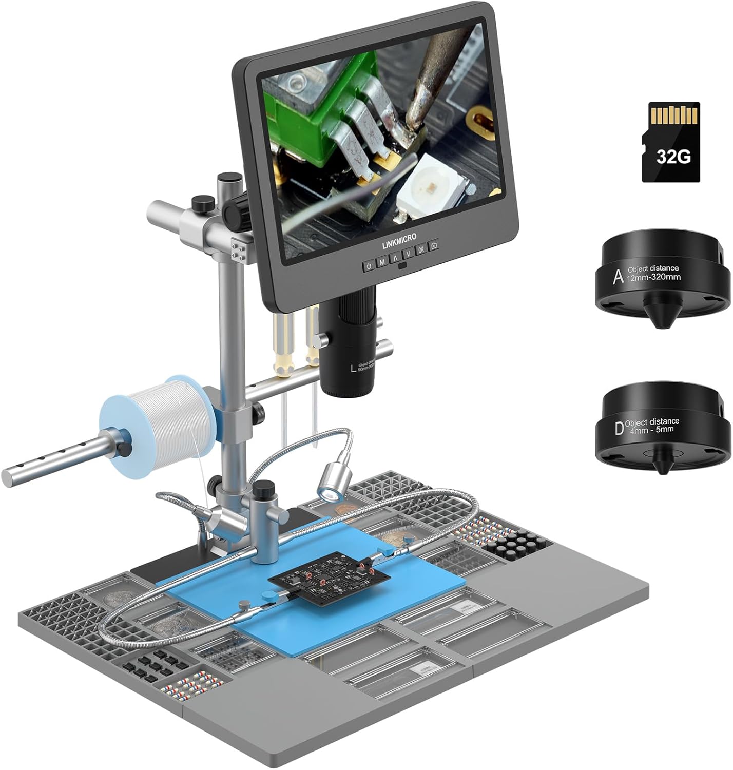 LM249MS Plus 10.1 HDMI Digital Microscope 2000X 3 Lens LCD Soldering Microscope Station with 13 Boom Arm Stand, Soldering Mat Helping Hands for Electronics Repair, UHD 2160P Video for Adults PCB DIY