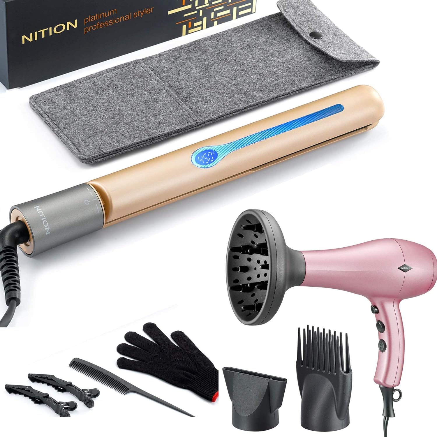 NITION Professional Salon Hair Straightener Flat Iron and Hair Dryer with 3 Attachments Diffuser/Comb Set
