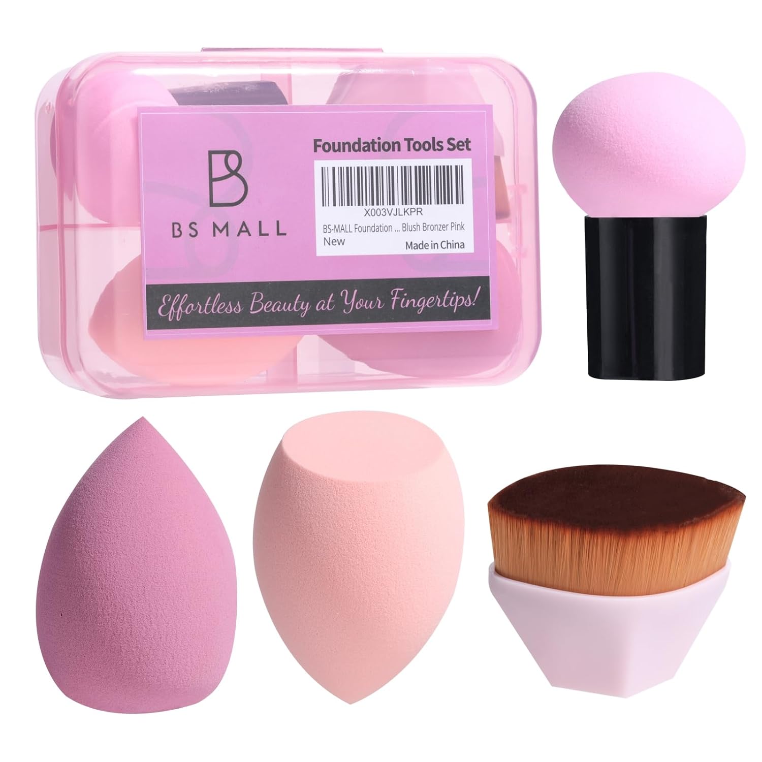 BS-MALL Foundation Brush with 3 Makeup Sponges Foundation Application Set Concealer Blush Bronzer (B-Pink)