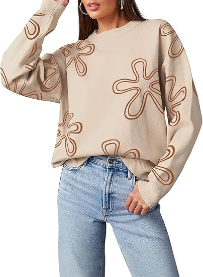 Dokotoo Sweaters for Women Casual Crewneck Long Sleeve Floral Print Cable Knit Pullover Sweater Tops