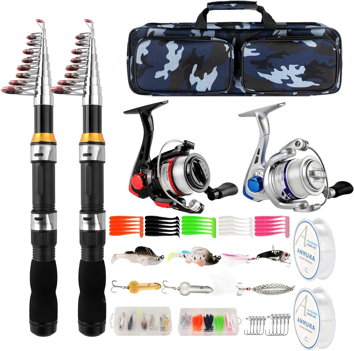 Telescopic Fishing Rod Reel Combo 2PCS 6.89FT Collapsible Fishing Pole Spinning Reel Lures Accessories with Fishing Bag Portable Fishing Rod Kit for Saltwater Freshwater Travel Fishermen Gift