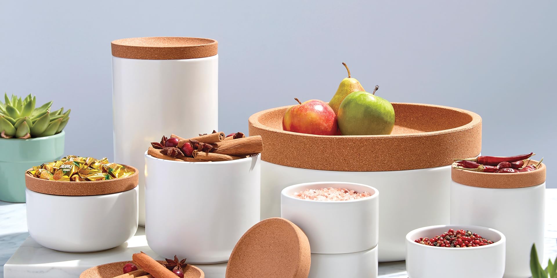 Ceramic and Cork 3 Piece Stackable Salt and Pepper Cellar For Countertop Space Saving, Easy Lift Lid to Retain Freshness, Natural Cork and Teal Ceramic