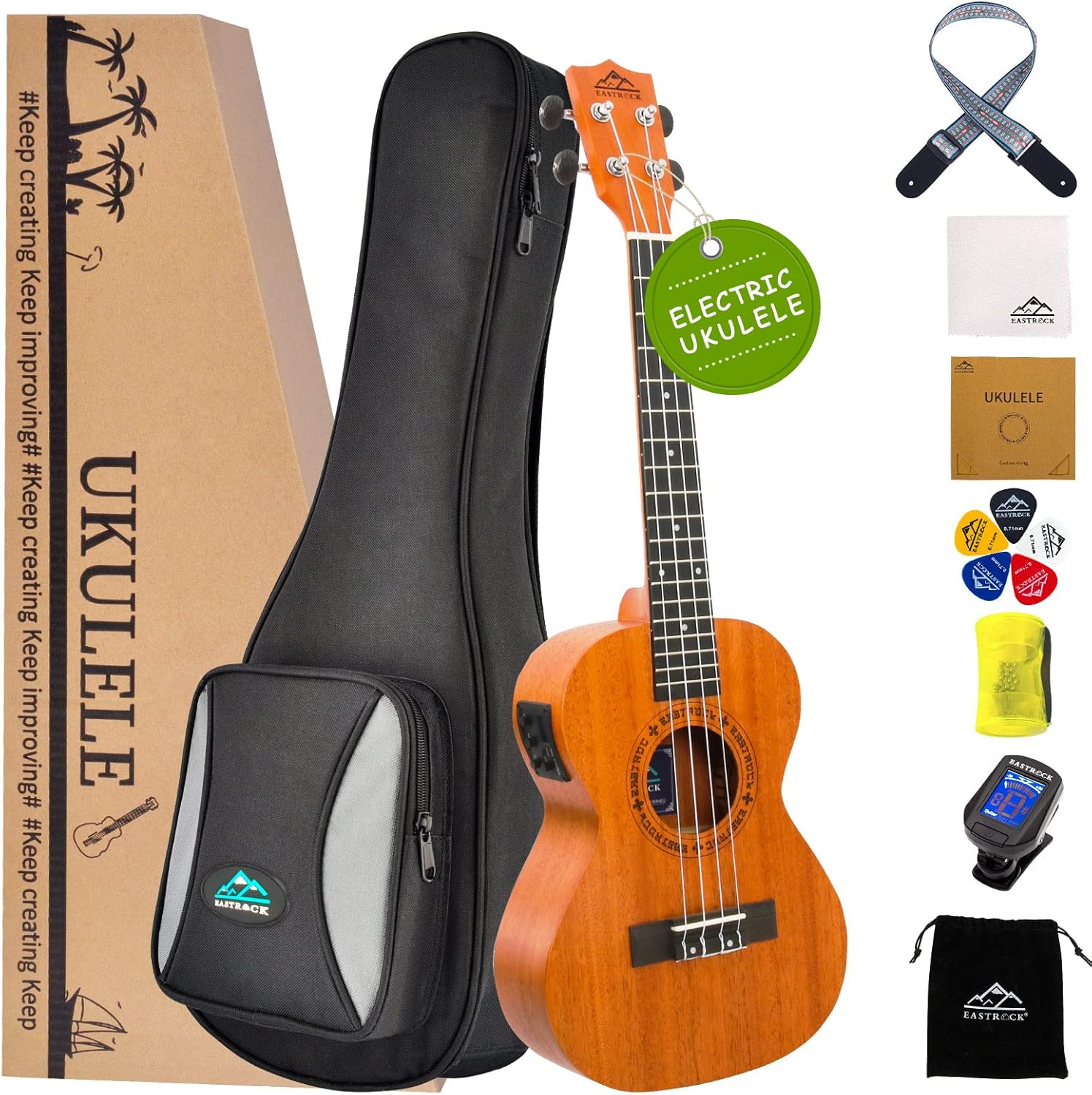 EASTROCK Tenor Ukulele Mahogany Beginner Electric Built-in Digital Tuner Ukelele 26 inch Big PackageKit. Ukulele Ukalalee Suitable for adults, Beginners. (26-Mahogany-EQ)