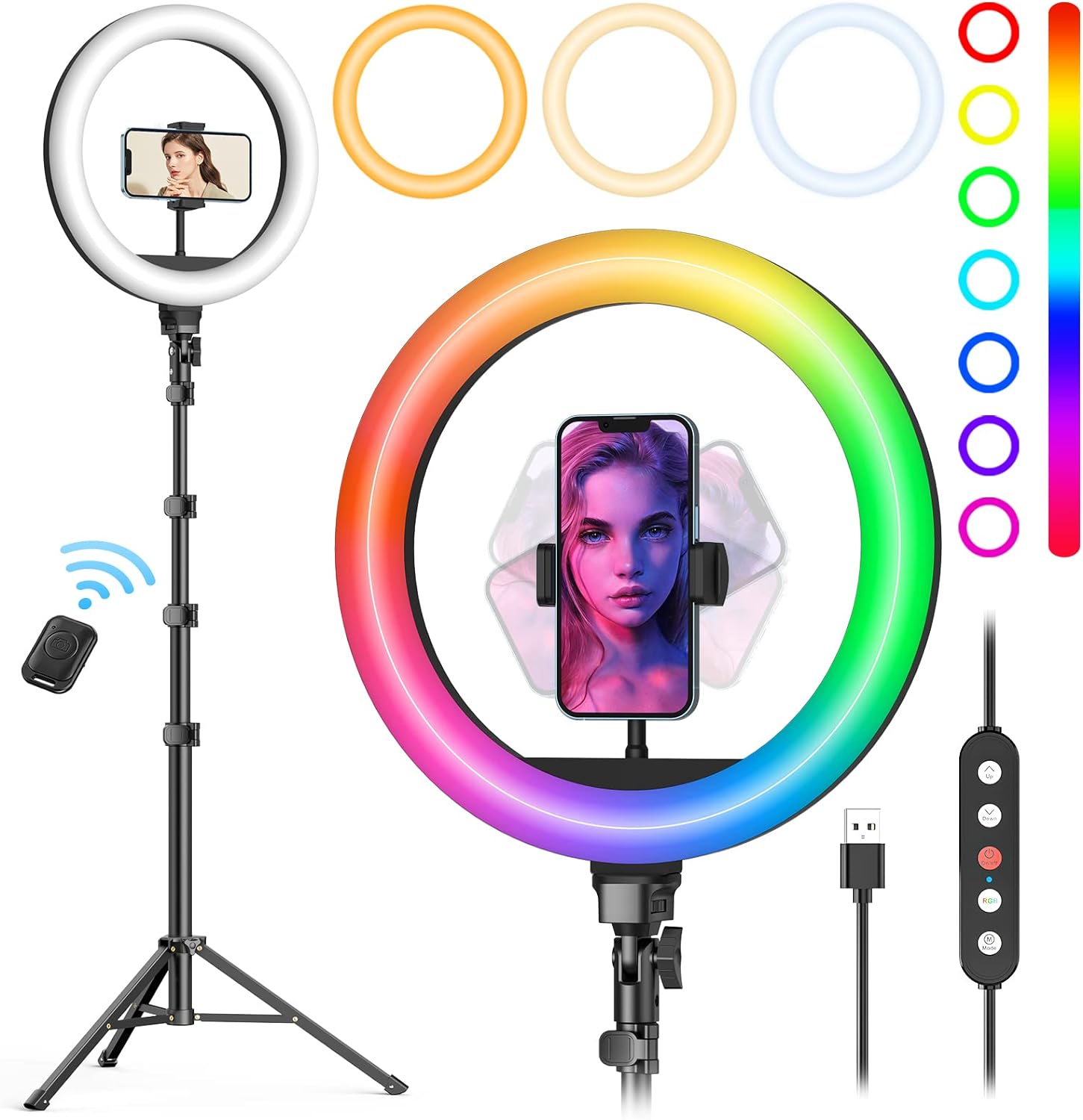 Weilisi 10%22 Selfie Ring Light with Tripod Stand, 72'' Tall %26 Phone Holder, 38 Color Modes, Stepless Dimmable%2fSpeed LED Ring Light for iPhone %26 Android,YouTube, Makeup,TIK Tok