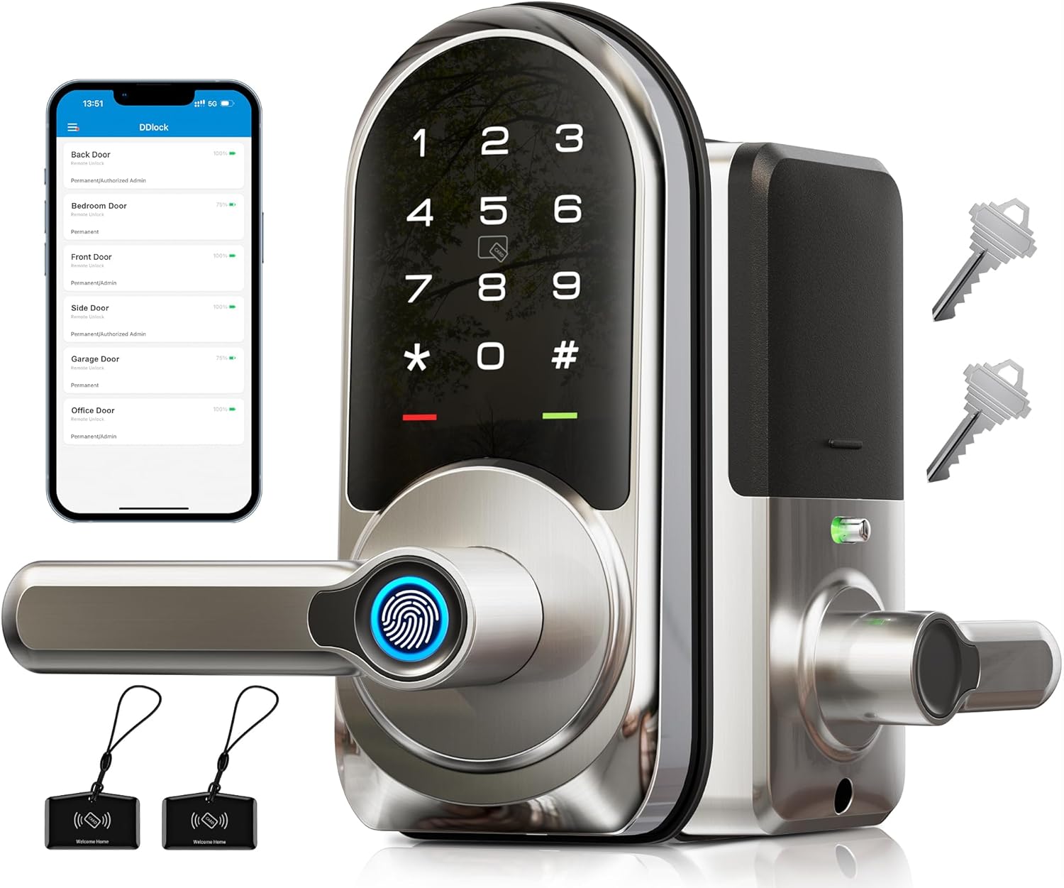 Veise Smart Lock, Keyless Entry Door Lock with Handle, APP Control Fingerprint Door Lock, 7-in-1 Smart Locks for Front Door, Electronic Digital Lock with Keypad, Front Door Lock Set, Satin Nickel