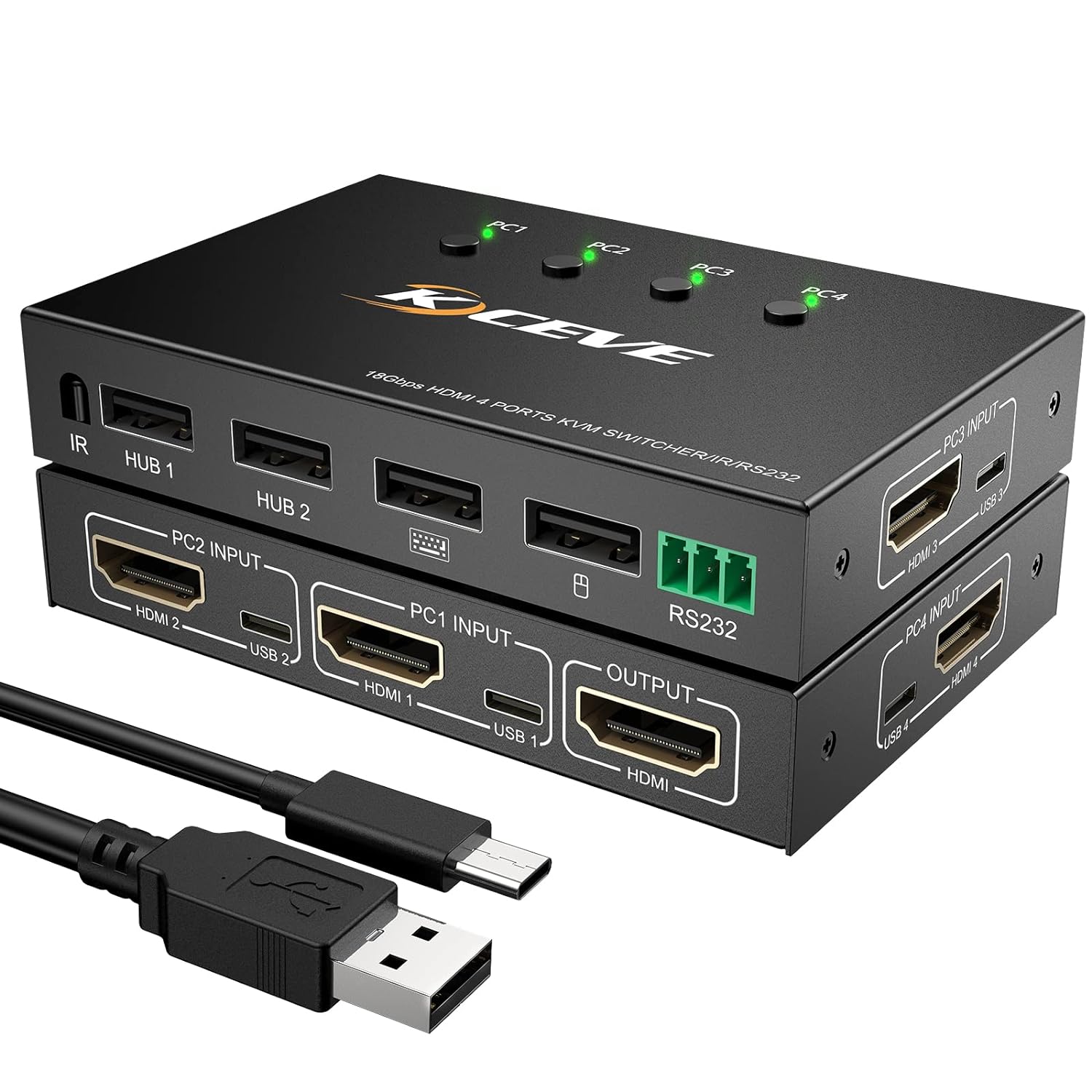 KVM Switch with Serial Port Control, 4K@60Hz 4 in 1 Out HDMI KVM Switcher Box for Share Mouse Keyboard and Monitor, Can Work with Pi-kvm, Compatible with Windows/Linux/Mac System