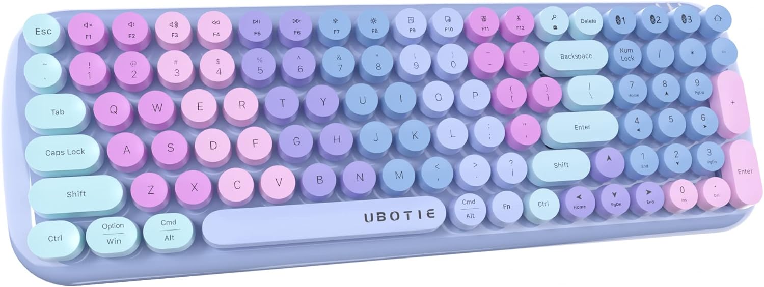 UBOTIE Colorful Bluetooth 100Keys Keyboards, Wireless Compact Rainbow Gradual Colors Retro Typewriter Flexible Keyboard for Tablet, Cellphones, PC(Purple Colorful)