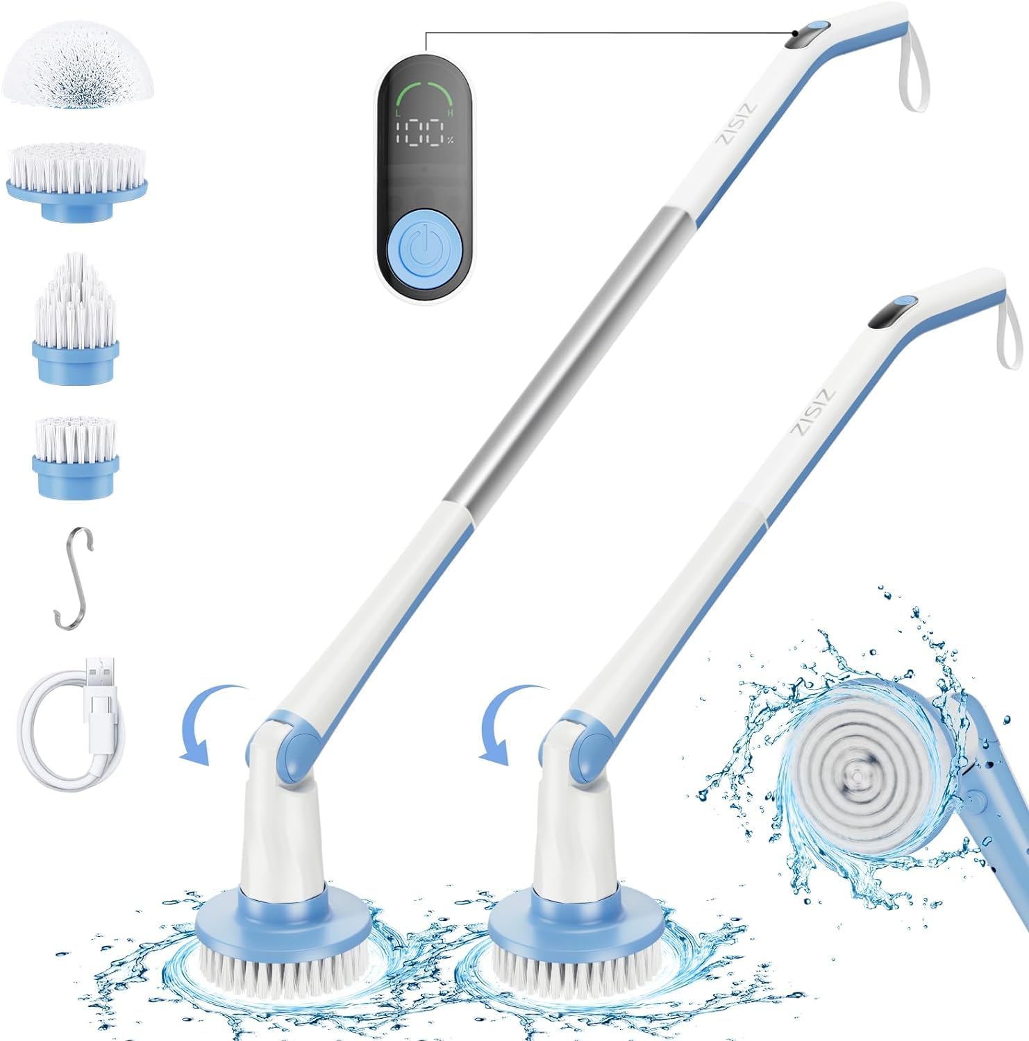 Electric Spin Scrubber, Shower Scrubber with LED Display & 4 Replacement Brush Head, 2H Bathroom Scrubber Dual Speed, Electric Cleaning Brush for Bathtub Grout Tile Floor