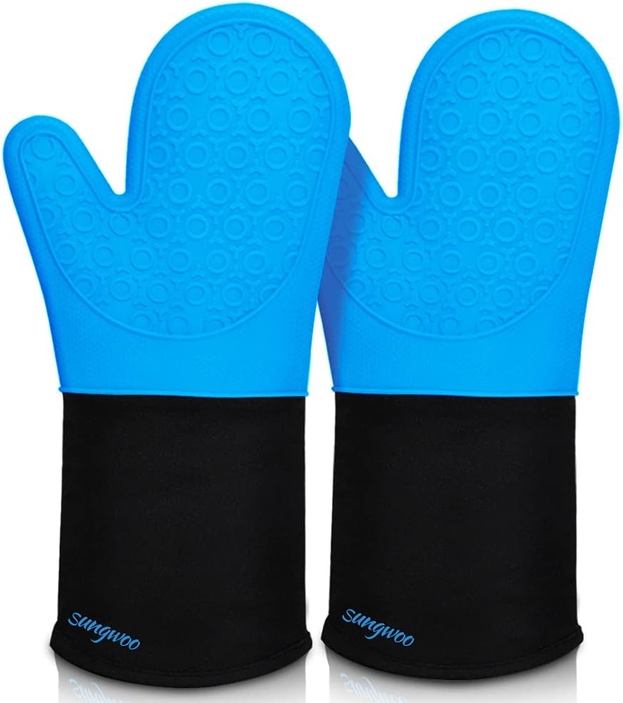 sungwoo Extra Long Silicone Oven Mitts, Durable Heat Resistant Oven Gloves with Quilted Liner Non-Slip Textured Grip Perfect for BBQ, Baking, Cooking and Grilling - 1 Pair 14.6 Inch Blue & Black