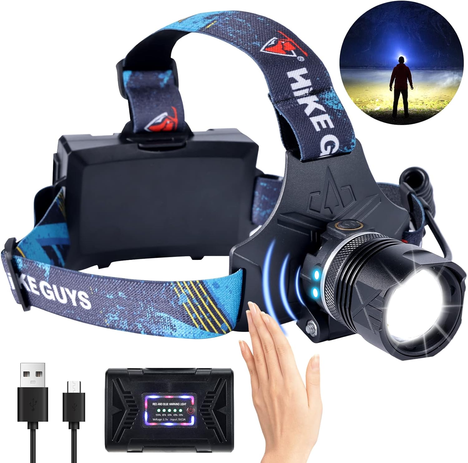 LED Rechargeable Headlamp, Headlight 90000 Lumens Super Bright with 6 Modes & IPX5 Warning Light, Motion Sensor Adjustable Headband Head Lamp, 60 for Adult Outdoor Camping Running Cycling