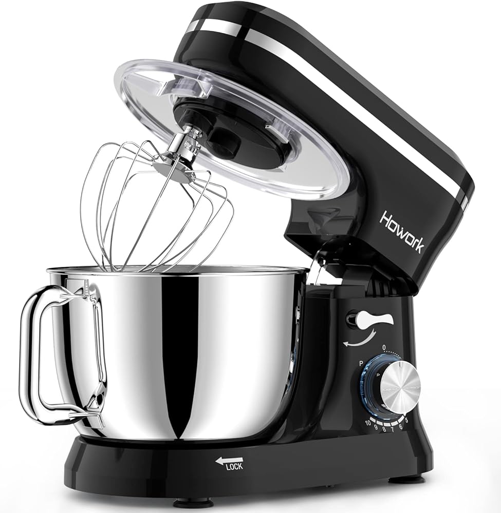HOWORK Electric Stand Mixer,10 p Speeds With 6.5QT Stainless Steel Bowl,Dough Hook, Wire Whip & Beater,for Most Home Cooks,Black