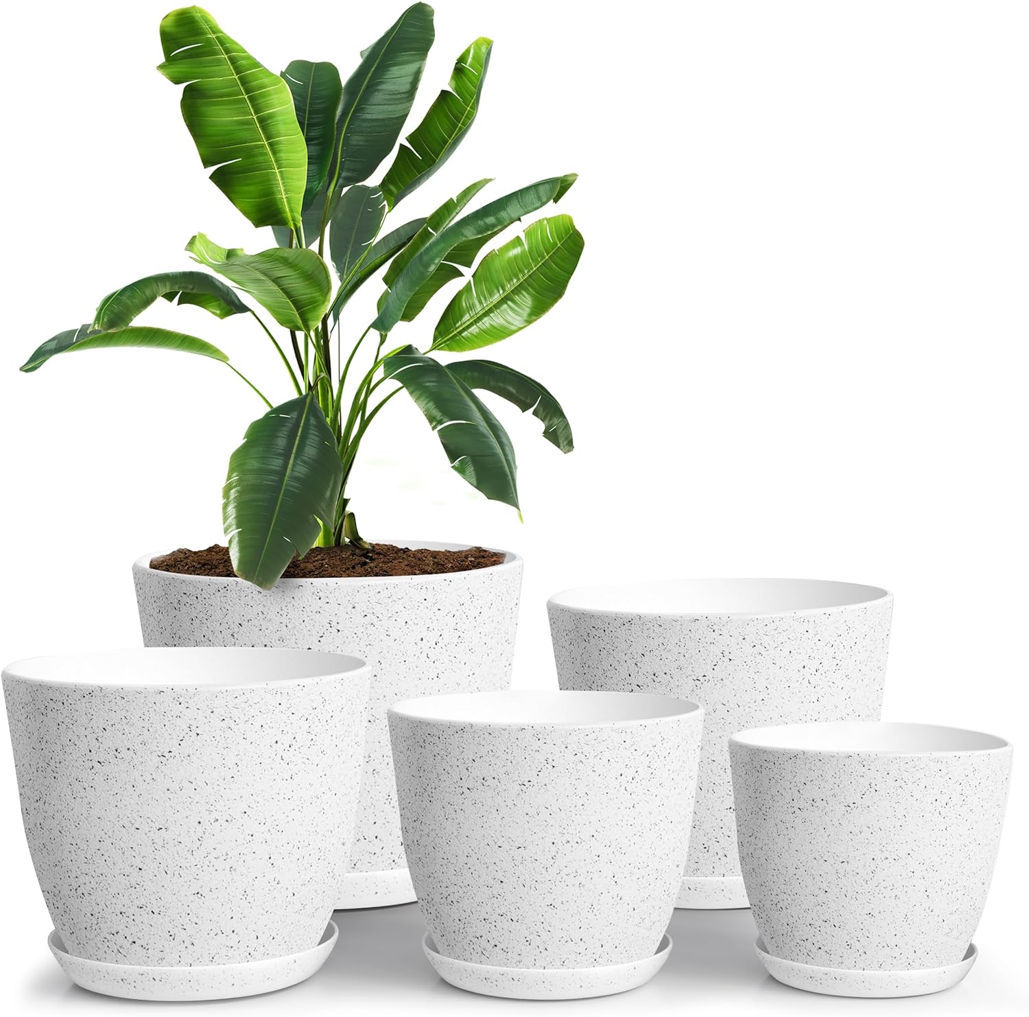 Utopia Home Plant Pots Indoor with Drainage - 7/6.6/6/5.3/4.8 Inches Decorative Flower Pots for Indoor Plants - Pack of 5 Spotty Grey Plastic Planters for Indoor Plants, Flowers Pot