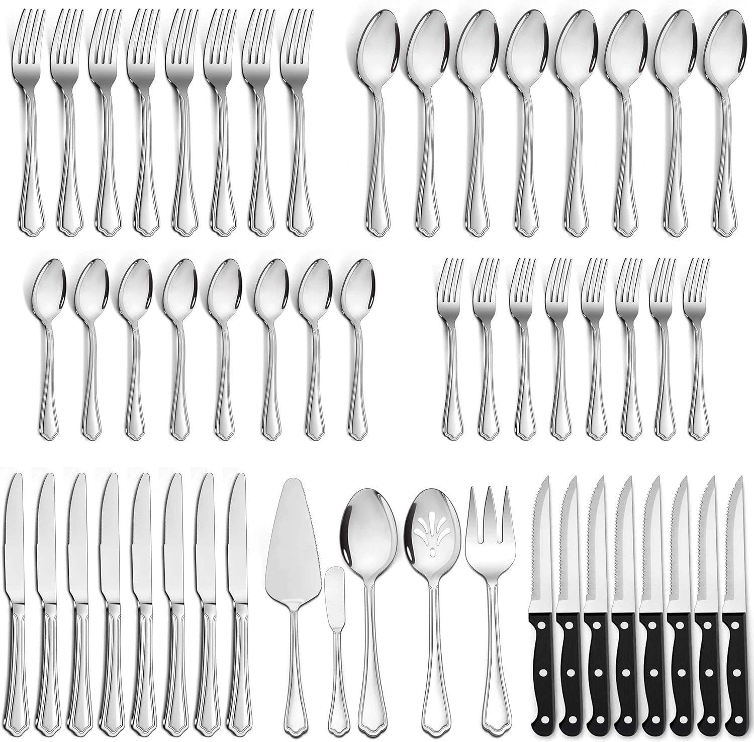 LIANYU 53-Piece Silverware Flatware Set for 8, Plus Steak Knives and Serving Utensils, Stainless Steel Flatware Cutlery Set, Eating Utensils Tableware with Scalloped Edge, Dishwasher Safe