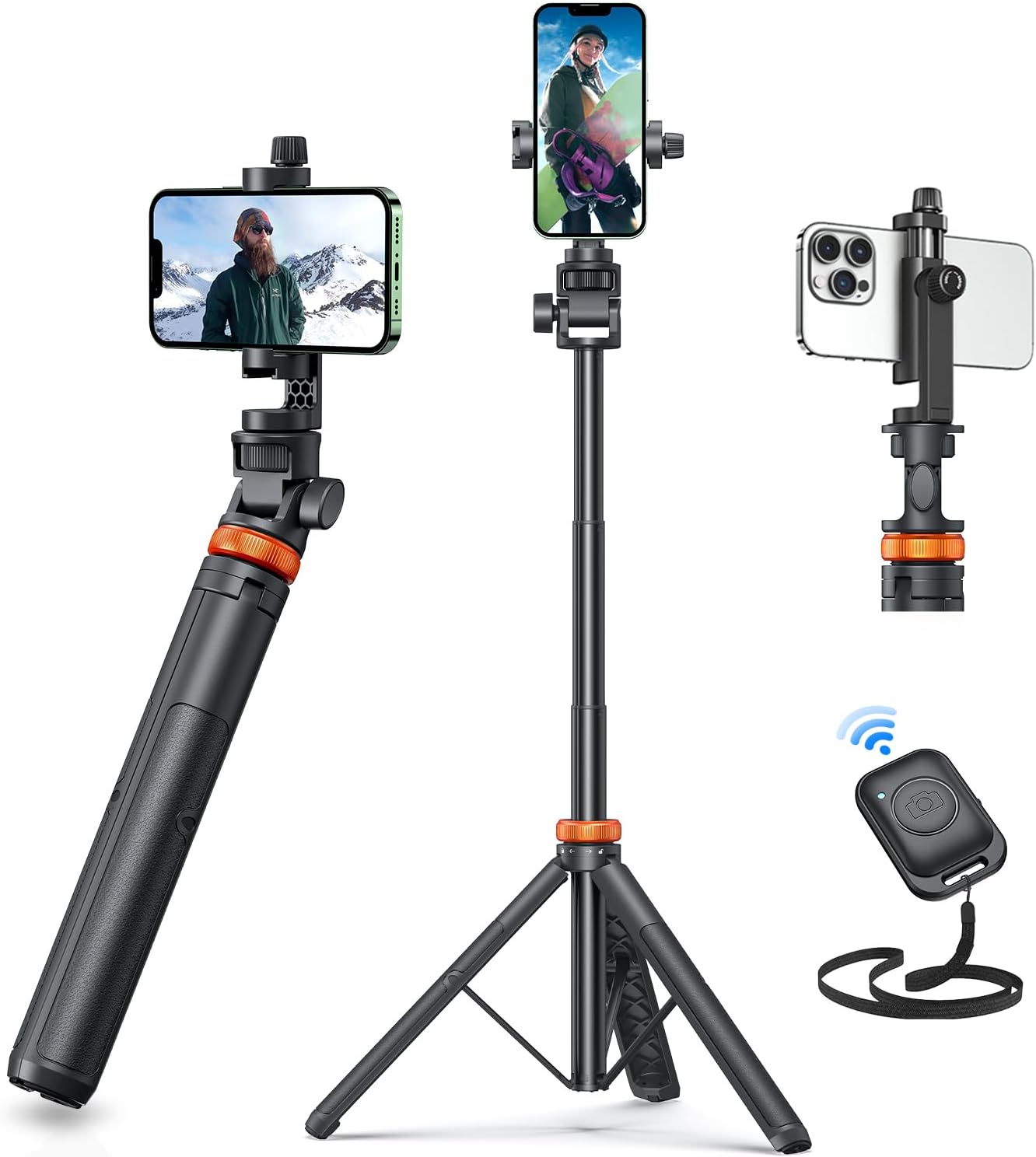 EUCOS Newest 62 Phone Tripod, Tripod for iPhone & Selfie Stick Tripod with Remote, Extendable Phone Tripod Stand & Travel Tripod, Solidest Cell Phone Tripod Compatible with iPhone/Android