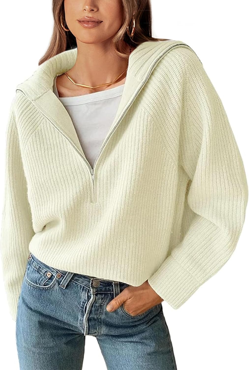 BTFBM Womens Casual Long Sleeve Half Zip Pullover Sweaters Solid V Neck Collar Ribbed Knitted Loose Slouchy Jumper Tops