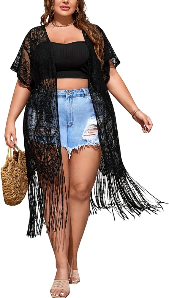 SOLY HUX Women's Plus Size Lace Fringe Trim Cover Up Short Sleeve Open Front Cardigans Kimono for swimwear