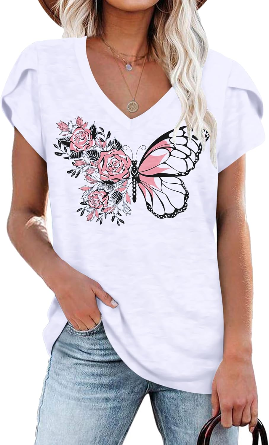 WNEEDU Womens T Shirts Petal Sleeve V Neck Casual Tees Summer Basic Tops