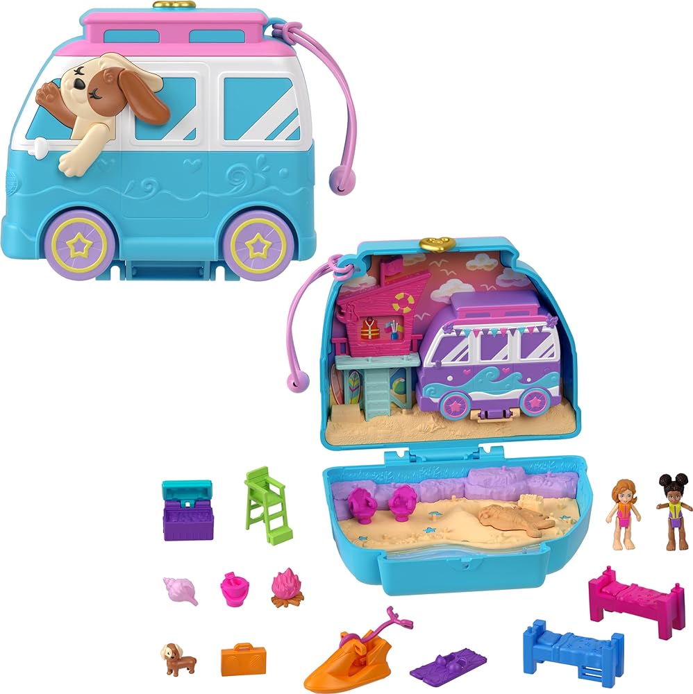 Polly Pocket Dolls and Playset, Travel Toy with Fidget Exterior, Seaside Puppy Ride Compact with 12 Accessories