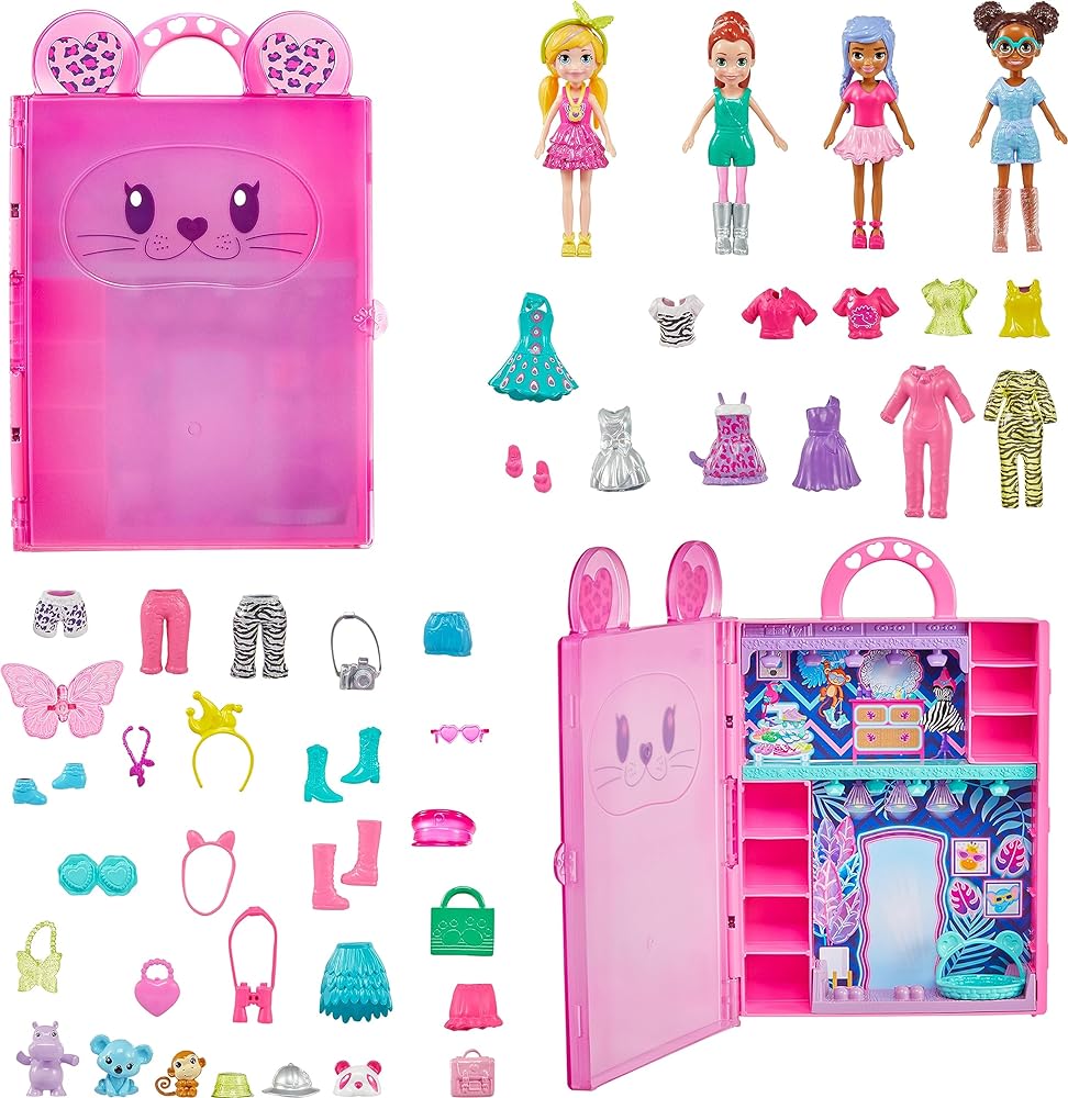 Polly Pocket Set with 4 Dolls, 3 Pets & 50 Fashion Accessories, Stylin' Safari Fashion Collection, Animal-Themed Case