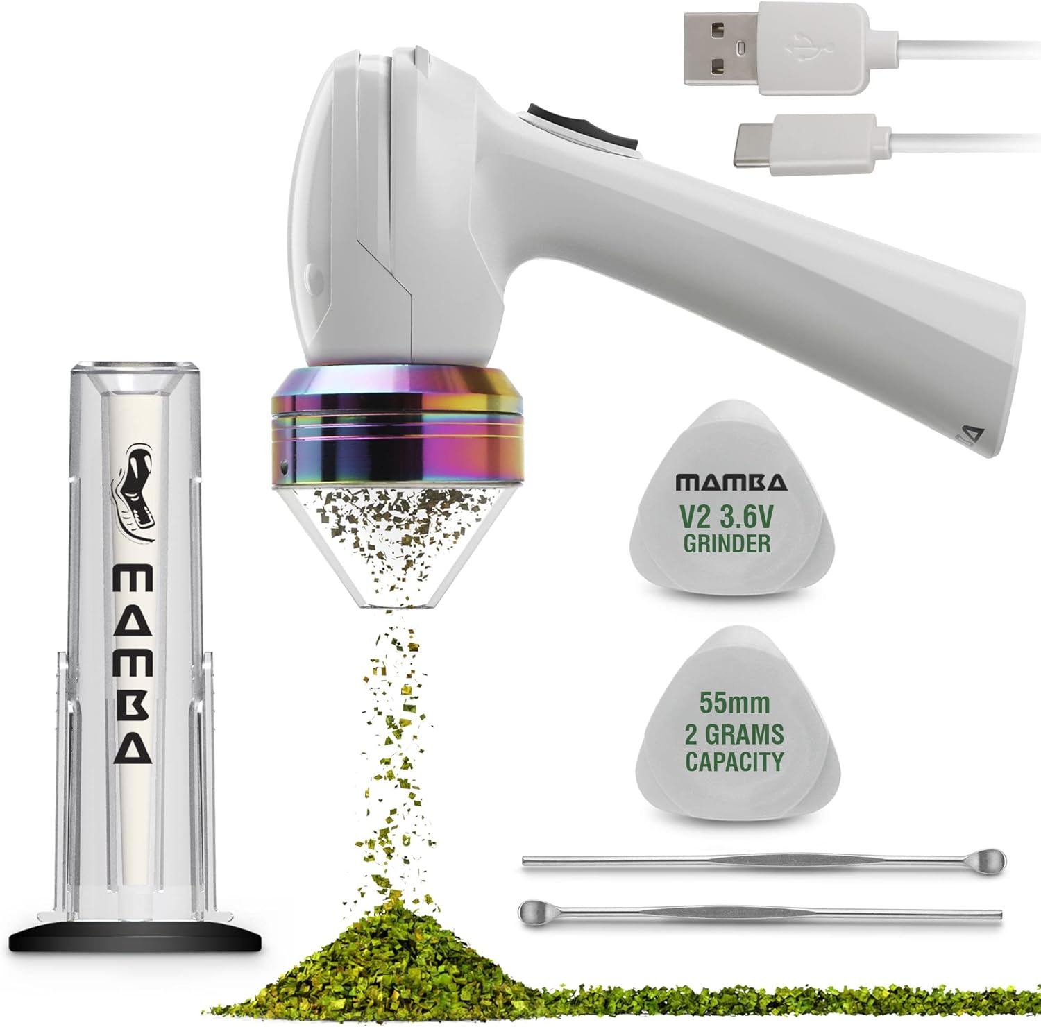 Mamba V2-55 Electric Herb Grinder, USB Rechargeable Automatic Grinder Fast Mill with Aluminum Alloy Head, includes Herb and Spices Holding System (White)