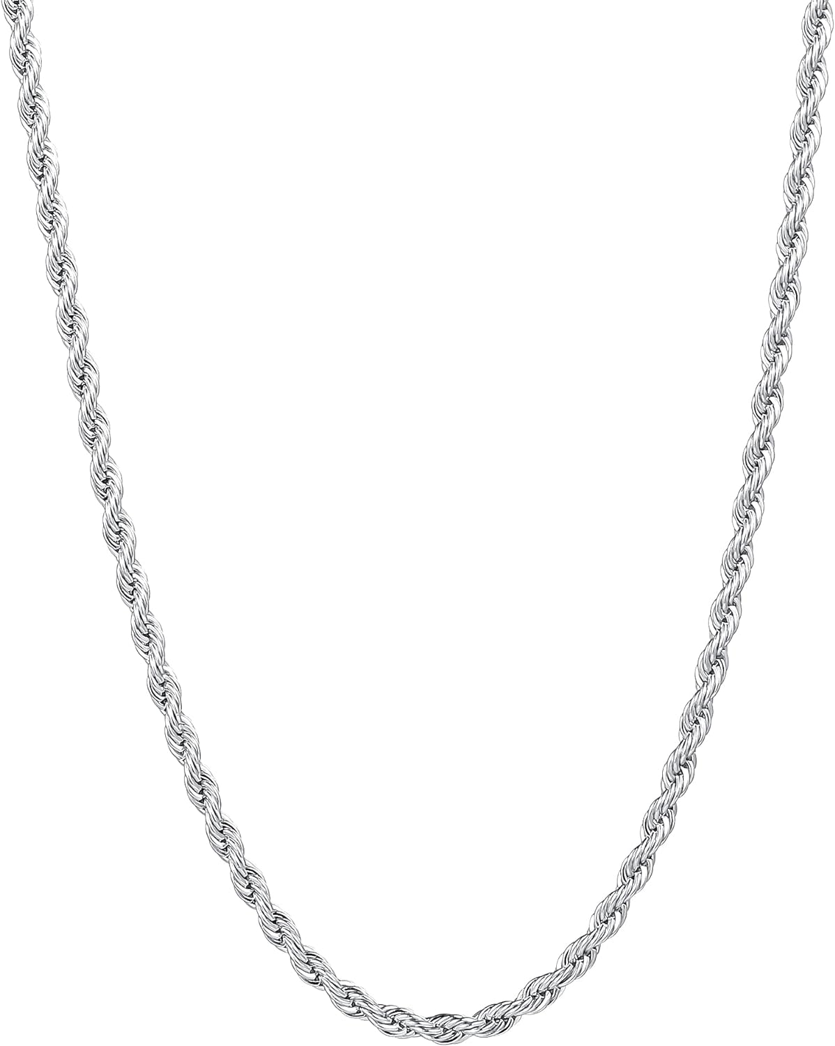 Fiusem 3mm Rope Chain Necklace for Men, Silver Tone Mens Chain Necklace, Stainless Steel Necklace Chain for Men Women