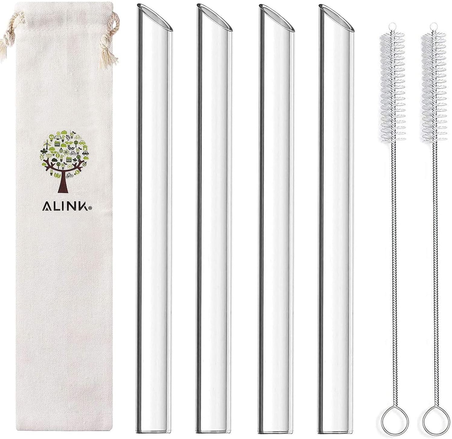 ALINK Reusable Glass Boba Straws, 14mm Extra Wide Clear Smoothie Straws for Bubble Tea, Pack of 4 with 1 Case and 2 Brush