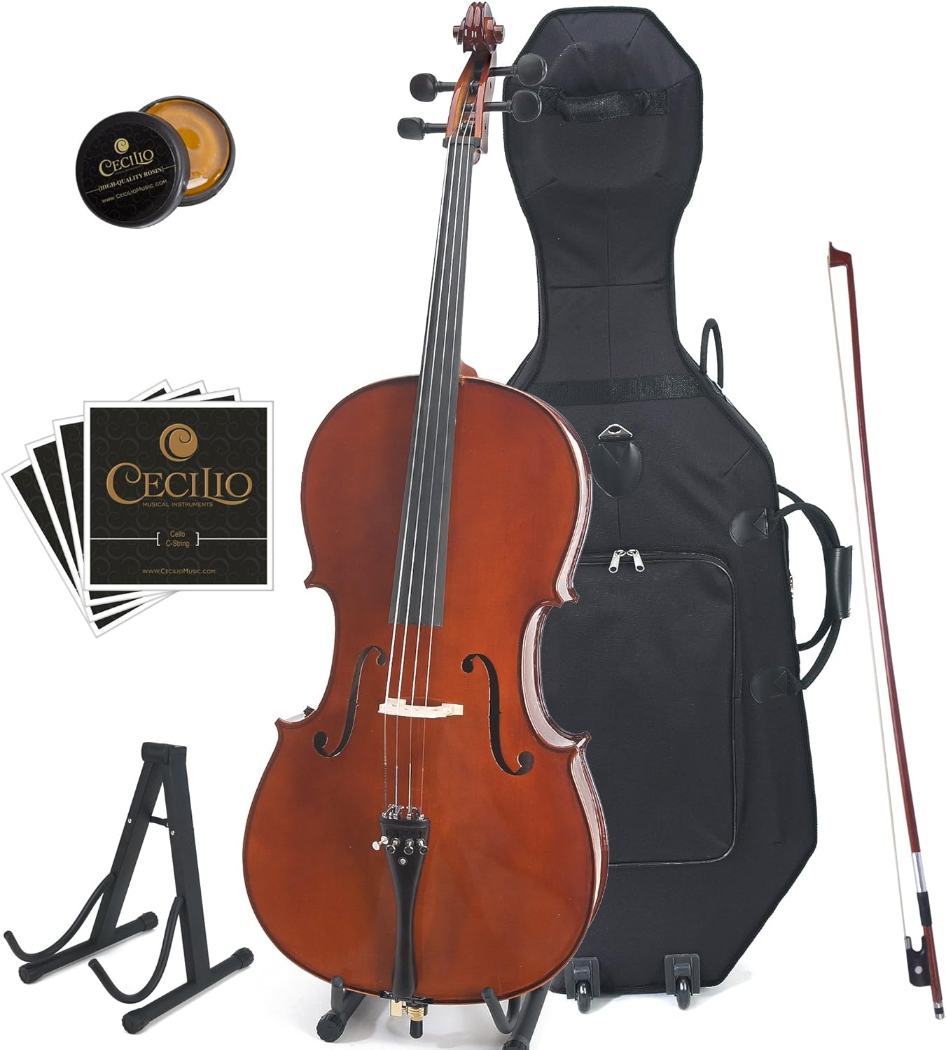 Cecilio CCO-500 Ebony Fitted Flamed Solid Wood Cello with Hard &amp; Soft Case, Stand, Bow, Rosin, Bridge and Extra Set of Strings, Size 4/4 (Full Size)